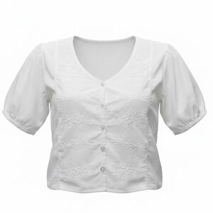 Just Cruising Y2K White Cotton Embroidered Button Down Tie Back Crop Top